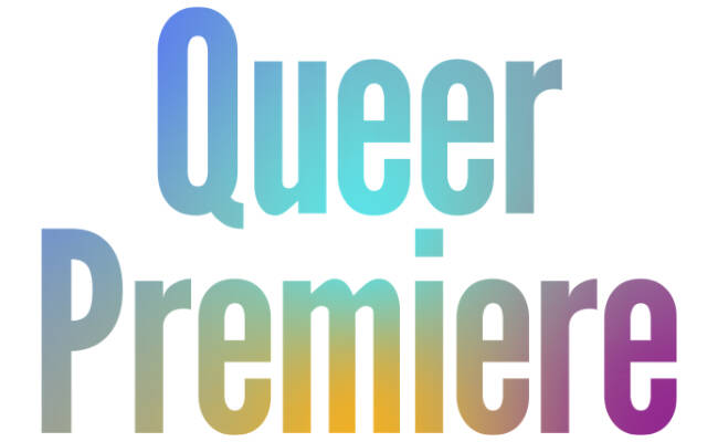 Queer Premiere logo in retro font with ambient rainbow colors
